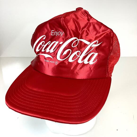 Vintage Enjoy Coca Cola Satin Red Foam Mesh Hat SnapBack Cap Made in USA * NICE! - Picture 6 of 11